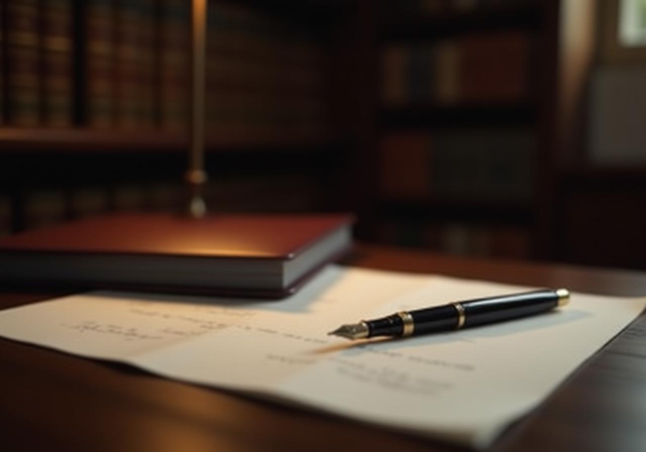 Professional legal consultation desk with fountain pen and parchment