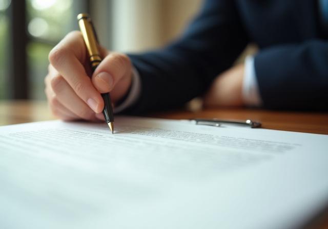 Close up of a legal professional reviewing a detailed parchment-style contract