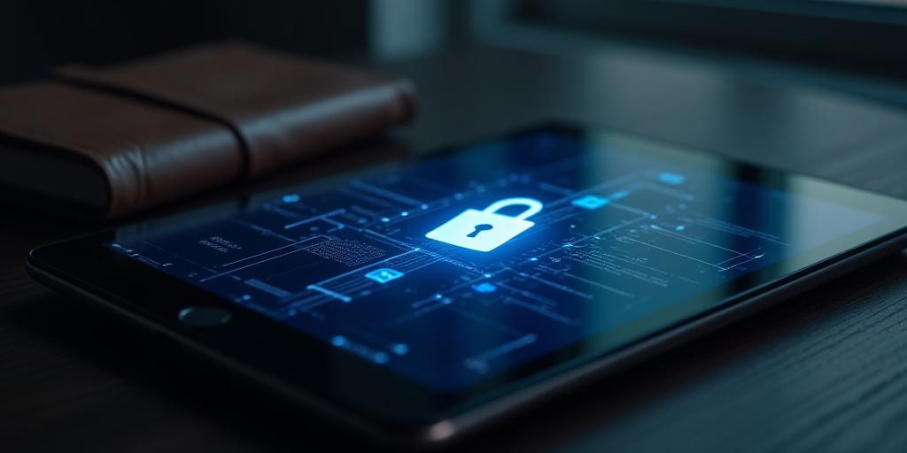 Close up of legal texts and a modern tablet showing data encryption scales